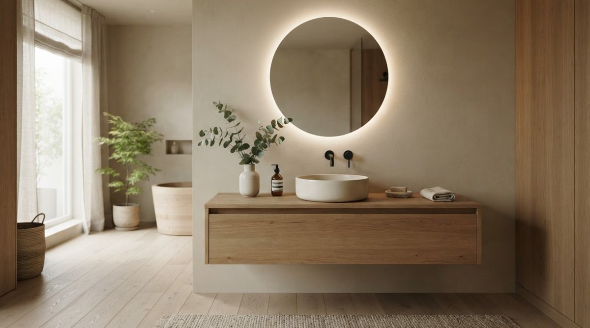 Salle de bain japandi : meuble en bois clair suspendu, vasque ronde posée et miroir rond rétroéclairé