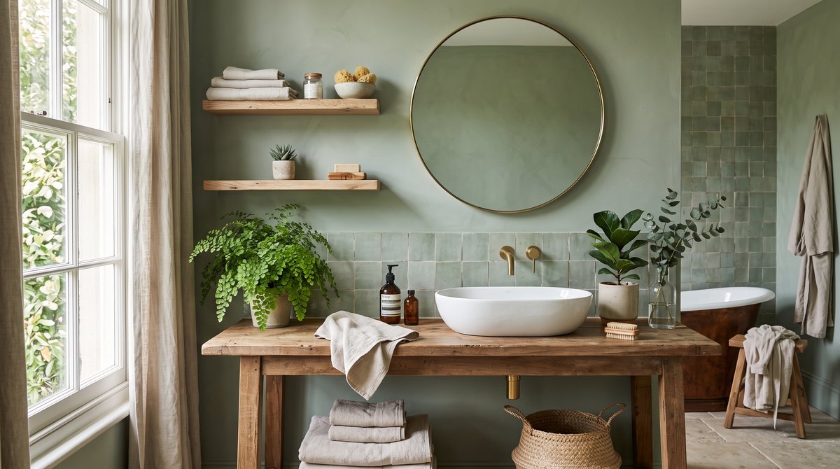 Salle de bain aux murs vert sauge, zellige artisanal, meuble en bois brut et plantes vertes